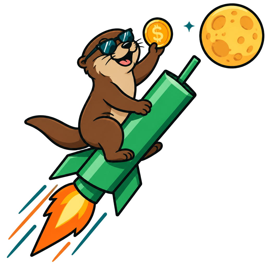 Degen riding a green candle rocket to the moon
